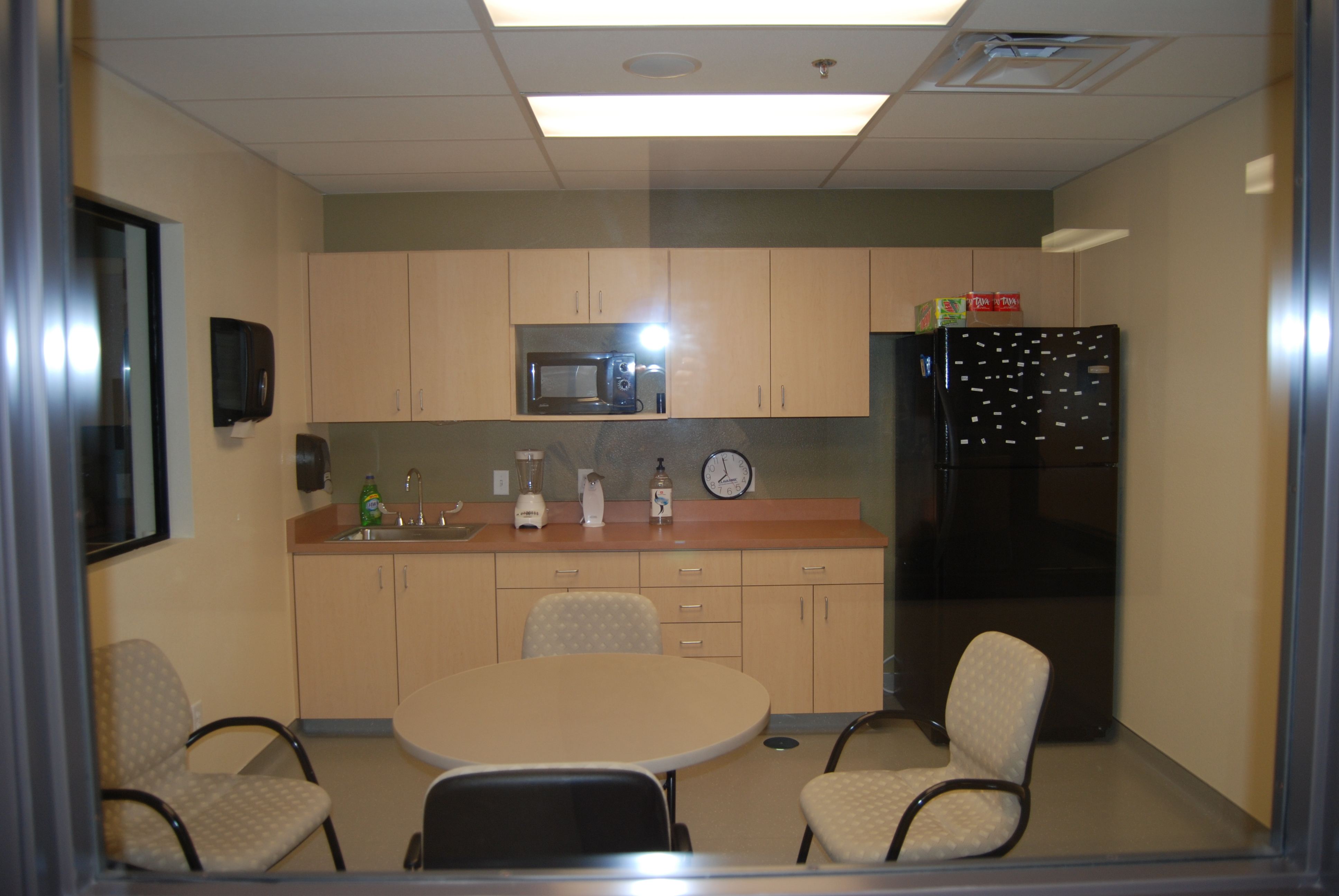 Break Room with viewing window to Surgery and Isolation